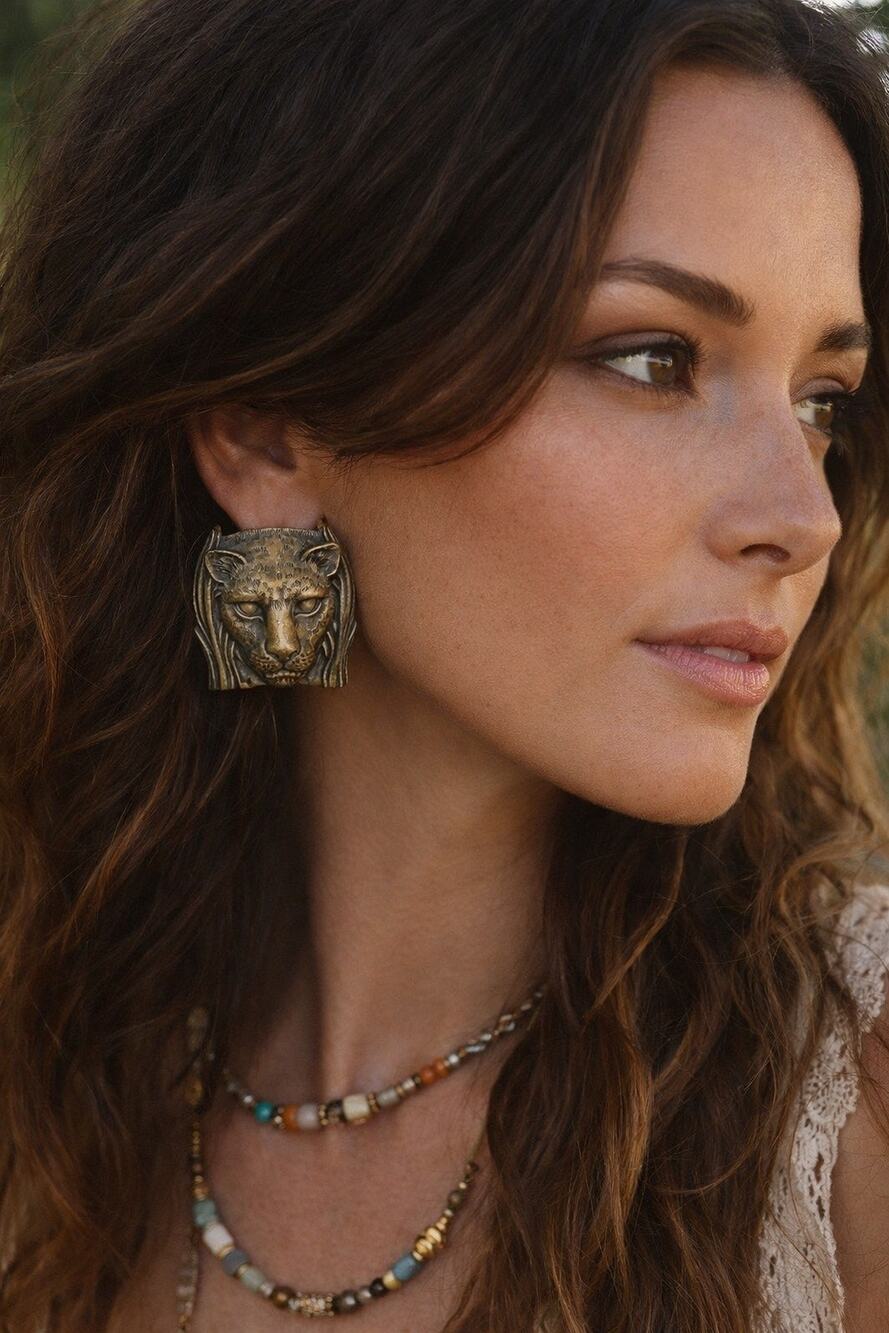 JJ lion leopard pewter brass signed 1986 statement post earrings